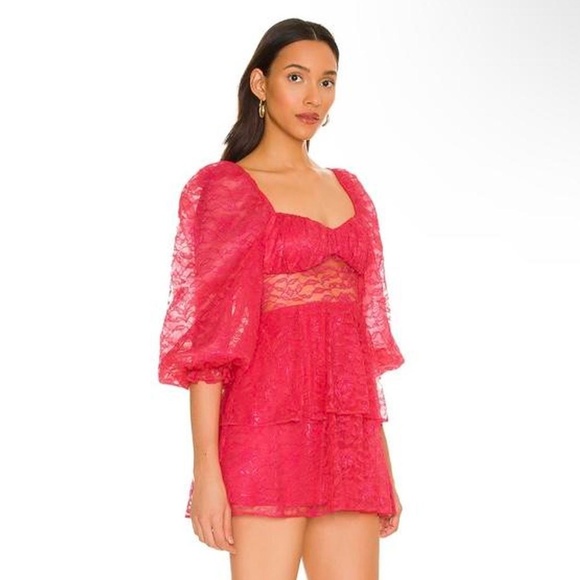 MAJORELLE Dresses & Skirts - Majorelle Revolve Brielle Pink Floral Lace Puff Long Sleeve Mini Dress M NWT